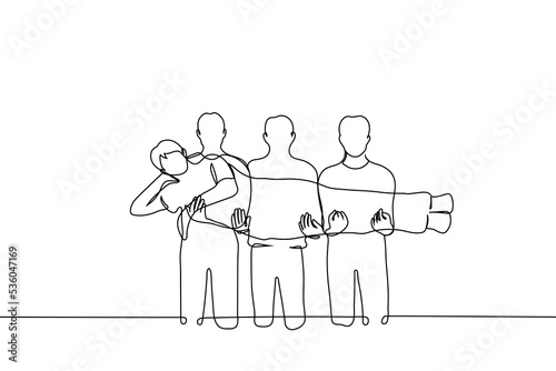 men holding another man in their arms - one line drawing vector. concept carried on hand, charismatic leader,  idolatry, fan club