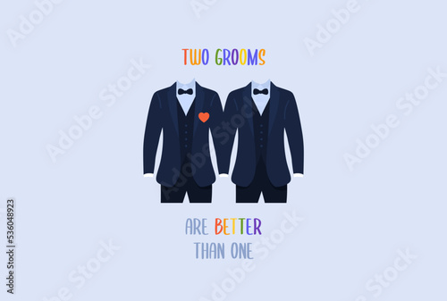 Two grooms are better than one. Gay wedding funny greeting card design. Vector