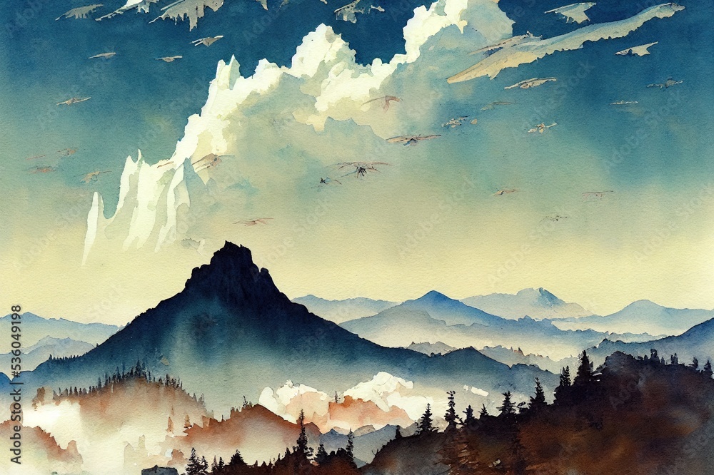 Watercolor illustration with spruce trees, distant mountains peaks and foggy hills, flying birds over the clouds