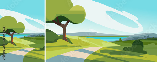 Summer landscape with road to the lake. Natural scenery in different formats.