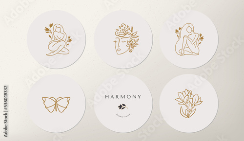 Set of icons and emblems for social media news covers with gold butterflies and female flower on a white background. Design templates for yoga studio astrologer, tourism, beauty salons