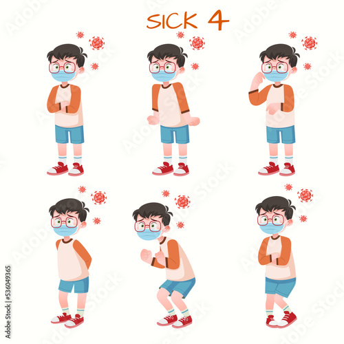 Set of kid boys showing sick expression.Vector illustration.