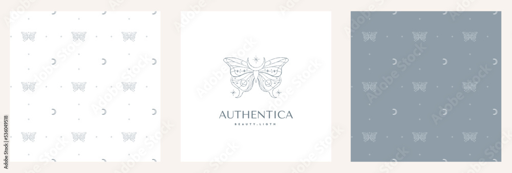 Logo with butterfly for beauty salons and boutiques. Vector business card template - elegant linear style. Logo with butterfly for beauty salons and boutiques. Vector business card template - elegant linear style.