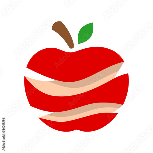 Red peeled apple with a stem and a leaf. Healthy diet concept. Organic fruit icon symbol. Logo design template. Slices of an apple with shadows. Natural snack food. Vector illustration, flat, clip art