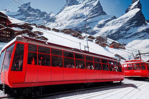 Gornergrat, Zermatt, Switzerland November 12, 2019 Red cable car train on snowy railway at summit station with tourists and Matterhorn summit in winter. photo
