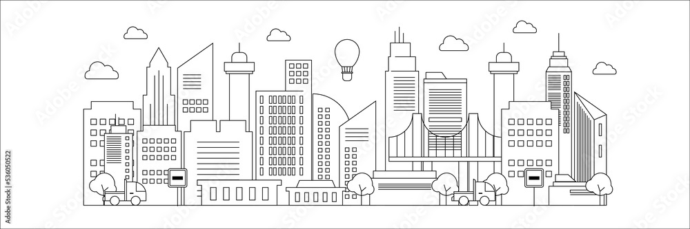 Futuristic outline urban landmark silhouette skyline cityscape with city car and panoramic buildings background vector illustration in flat design style on black white lines