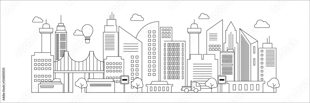 Obraz premium Futuristic outline urban landmark silhouette skyline cityscape with city car and panoramic buildings background vector illustration in flat design style on black white lines