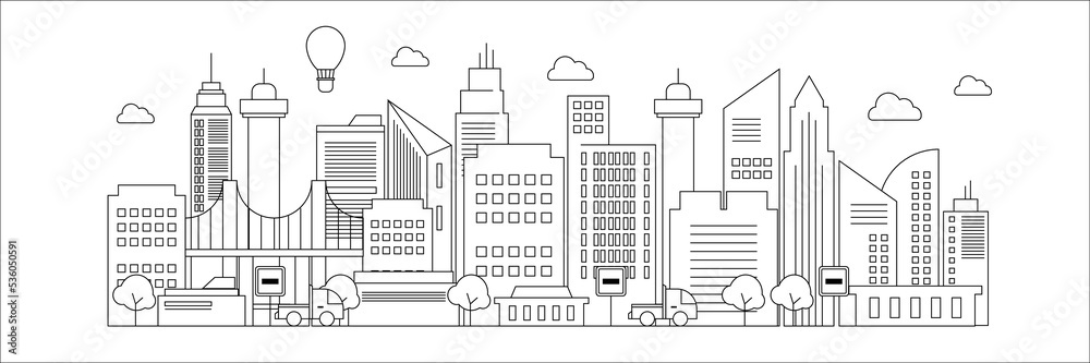 Futuristic outline urban landmark silhouette skyline cityscape with city car and panoramic buildings background vector illustration in flat design style on black white lines