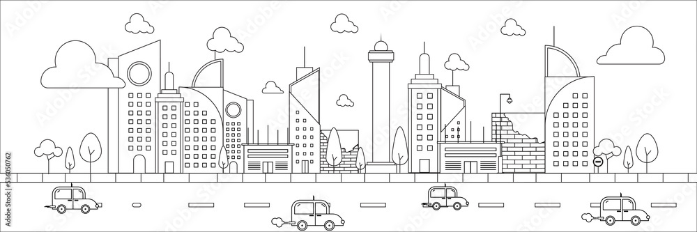 Futuristic outline urban landmark silhouette skyline cityscape with city car and panoramic buildings background vector illustration in flat design style on white background and black lines