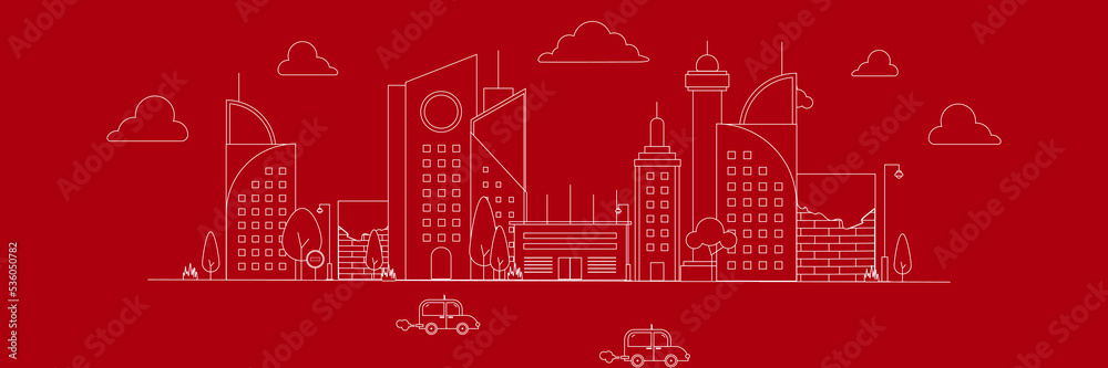 Obraz premium Futuristic outline urban landmark silhouette skyline cityscape with city car and panoramic buildings background vector illustration in flat design style on red background