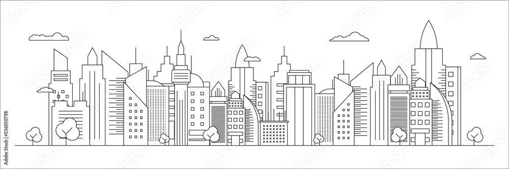 Futuristic outline urban landmark silhouette skyline cityscape with city car and panoramic buildings background vector illustration in flat design style on white background