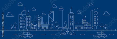Futuristic outline urban landmark silhouette skyline cityscape with city car and panoramic buildings background vector illustration in flat design style on blue background