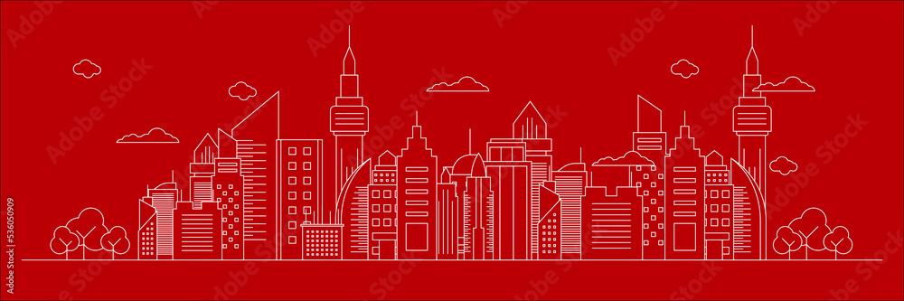Futuristic outline urban landmark silhouette skyline cityscape with city car and panoramic buildings background vector illustration in flat design style on red background