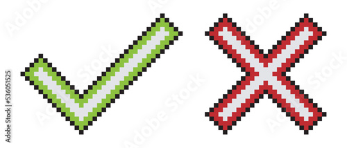 Check mark and cross mark. Tick and cross sign with pixel art. Vector illustration 
