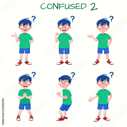 Set of kid boys showing confused expression.Vector illustration.