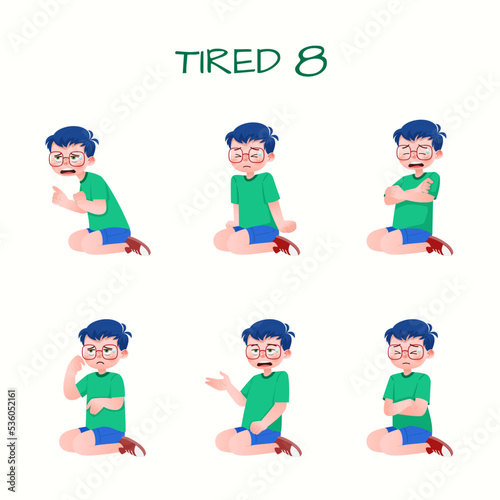 Set of kid boys showing tired expression.Vector illustration.