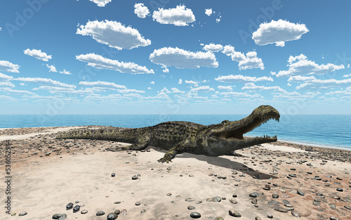 Prähistorisches Krokodil Sarcosuchus am Strand