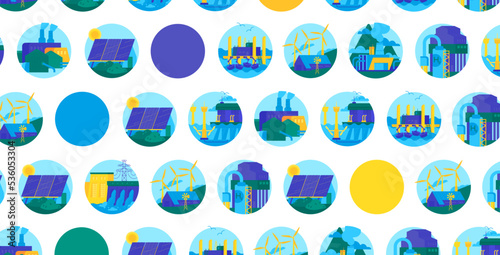Renewable energy types. Horizontal poster with creative pattern