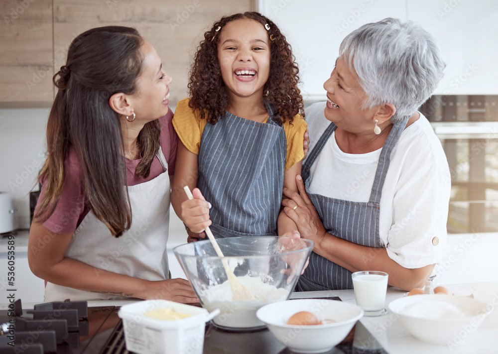 Happy family, cooking and learning with smiling girl bonding with her mother and grandmother in a kitchen. Love, teaching and baking by retired grandparent enjoying fun activity with child