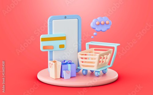 smartphone with shopping cart bag giftbox credit card bubble chat podium sing 3d render concept