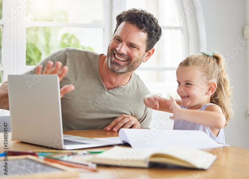 Father, girl child and e learning on laptop studying together on video conference or internet video call at house. Online home school education dad teaching young kid or helping daughter on homework