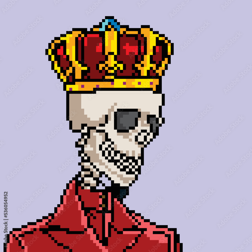 skull character wearing crown with pixel art skull character wearing crown with pixel art