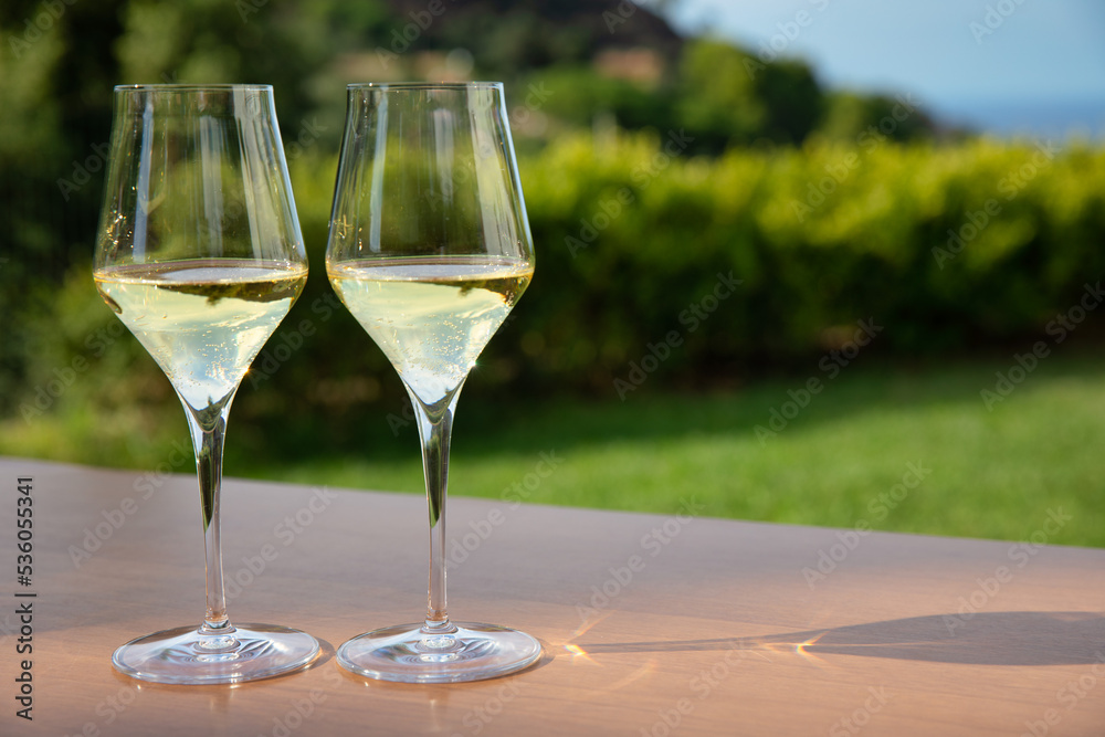 Two white wine glasses on mountain landscape background