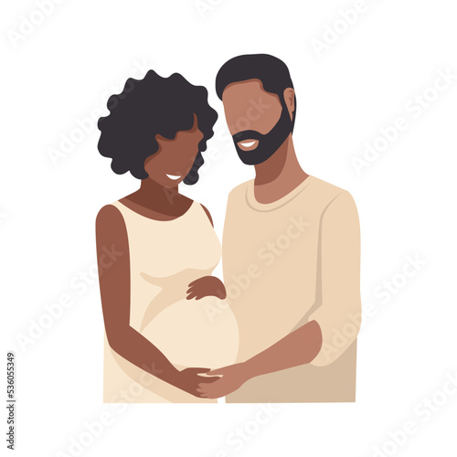 Happy husband hugging his pregnant wife. Future parents are expecting a baby together. Vector illustration in flat style isolated on white background.