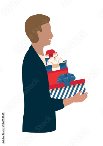 A friendly young man holds a gift box in his hands. Congratulations on the holiday. Vector illustration isolated on white background.