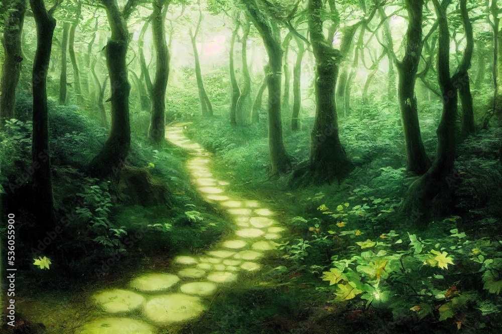 Fototapeta premium The trail in the fairy forest. Forest trail view. Trail in deep forest. Forest trail