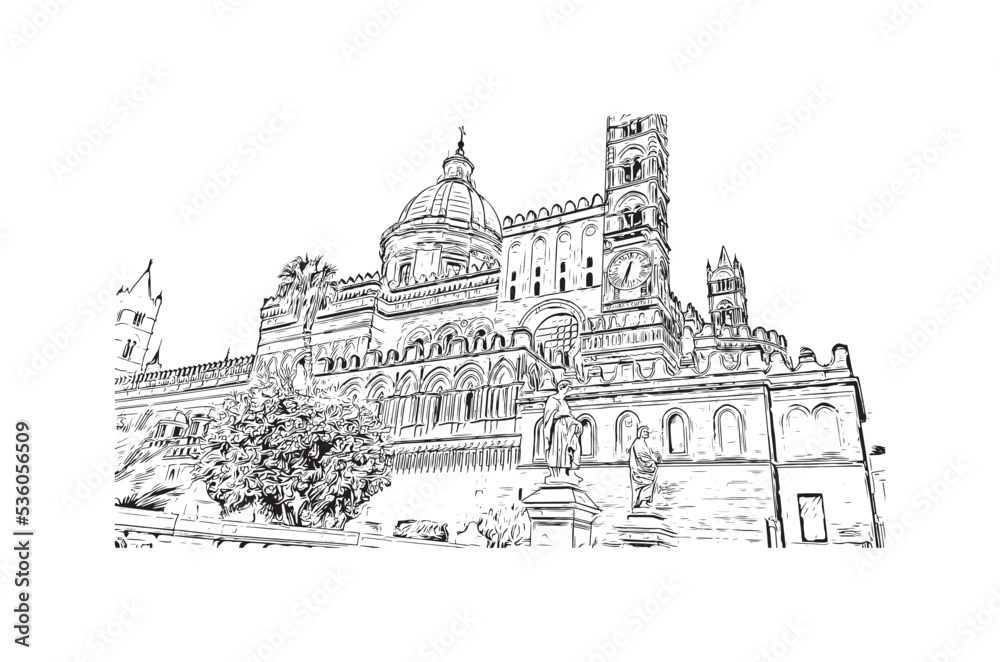 Building view with landmark of Palermo is the
city in Italy. Hand drawn sketch illustration in vector.
