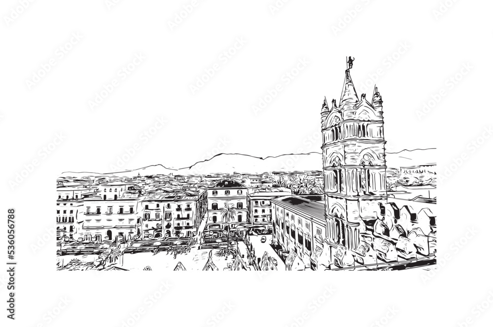 Building view with landmark of Palermo is the 
city in Italy. Hand drawn sketch illustration in vector.