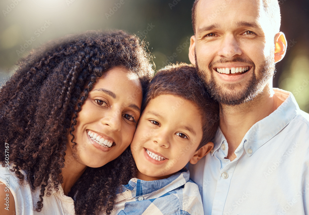 Mother, child and father in a portrait as a happy family outdoors enjoying summer holiday and bonding together. Smile, mom and dad with boy toddler love relaxing and sharing quality time in nature