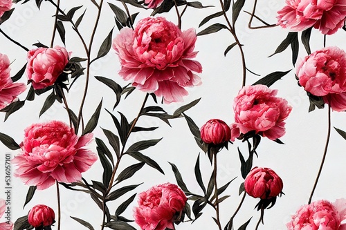 Peony branchSeamless patternWatercolor illustrationImage on white and colored background