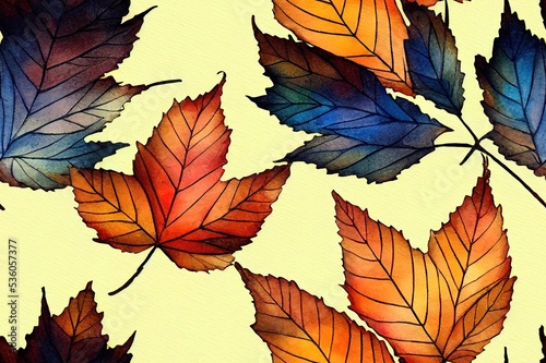 Watercolor pattern Branch Watercolor background drawing with autumn leaves plants branches of linden aspen Oak maple leaf Whirlwind autumn wind forest autumn pattern