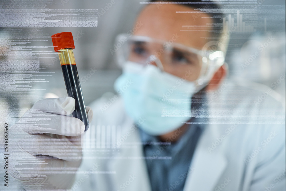 Blood, science and covid with a man engineer in a laboratory working on DNA research and innovation in a lab. Analytics, medical and development with a scientist at work in a laboratory with overlay Blood, science and covid with a man engineer in a laboratory working on DNA research and innovation in a lab. Analytics, medical and development with a scientist at work in a laboratory with overlay