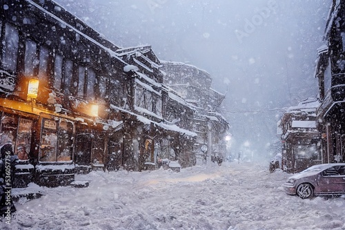 Snow covered city street during a heavy snowfall. Lots of snow on the sidewalk, cars and tree branches. Women walk around the winter city. Cold snowy weather. Magadan, Siberia, Russian Far East. photo