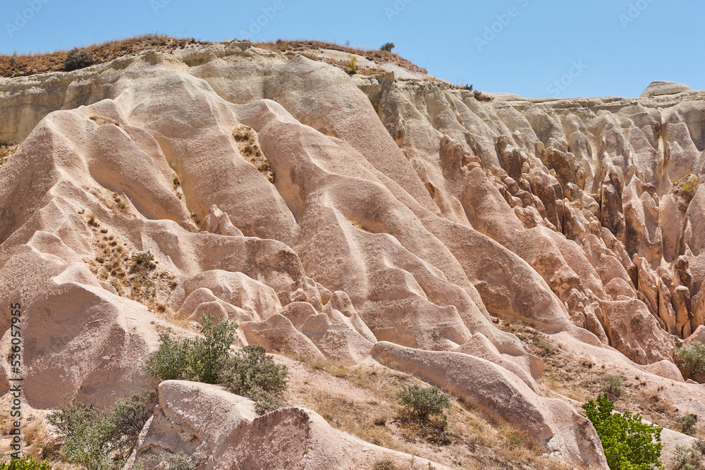 Rose valley in Goreme. Picturesque rock formation. Cappadocia, Turkey