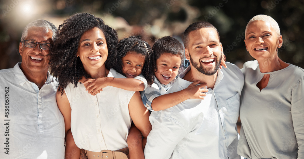 Portrait, travel and happy family relax on a trip in nature, bonding and showing affection outdoors. Freedom, love and excited kids enjoying a getaway with parents and grandparents, playful and cute