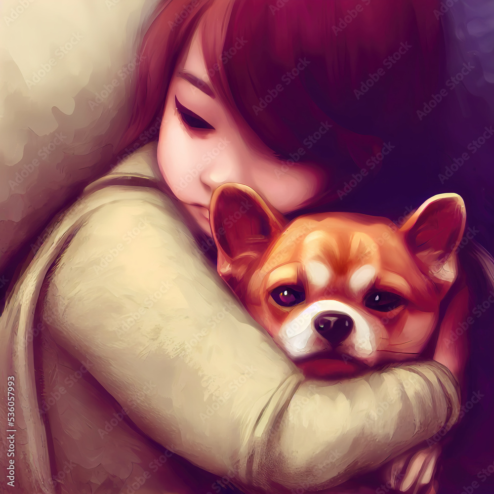 a girl holding a warm dog in her hands, beautiful illustration