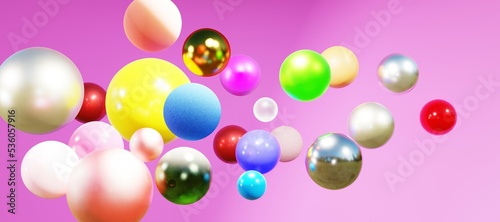 抽象的なカラフルなボールの背景画像。ピンクの背景。