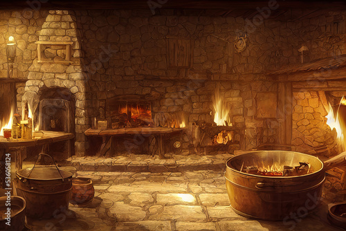 Photo illustration of a medieval tavern inn bar with large open fireplace and cooking