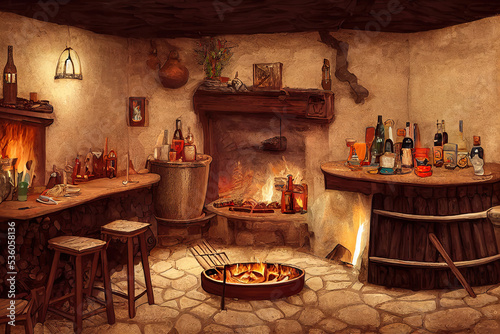 Fotografia, Obraz illustration of a medieval tavern inn bar with large open fireplace and cooking