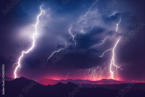 Dark dramatic stormy night sky with lightning bolts. Night mountain landscape. Flashes of light from thunder and lightning 