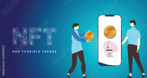 Blue Background NFT nonfungible token wallpaper with gold coin, human and mobile illustration