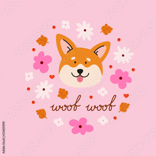 Cute welsh corgi dog head with flower buds, leaves, and lettering. Hand-drawn dog in a contemporary flat style. Cartoon animal, pet, purebred dog. 