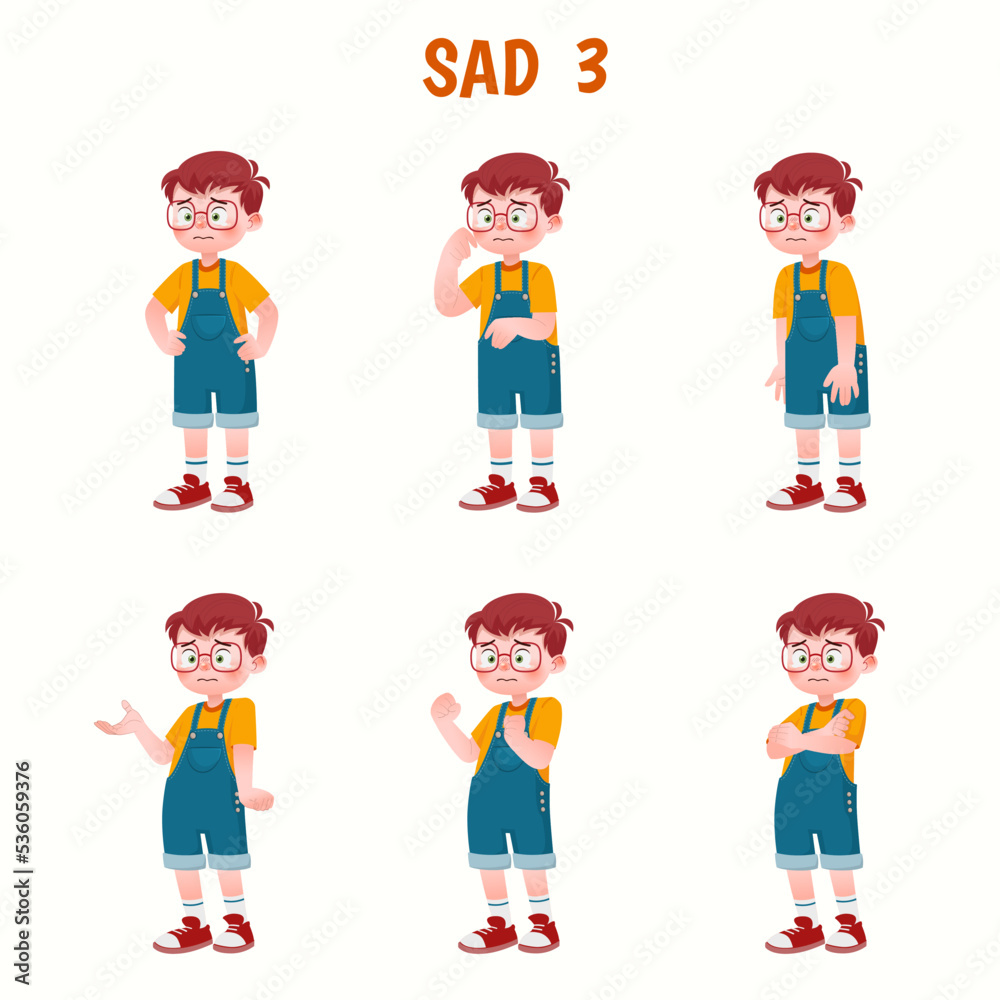 Set of kid boys showing sad expression.Vector illustration.