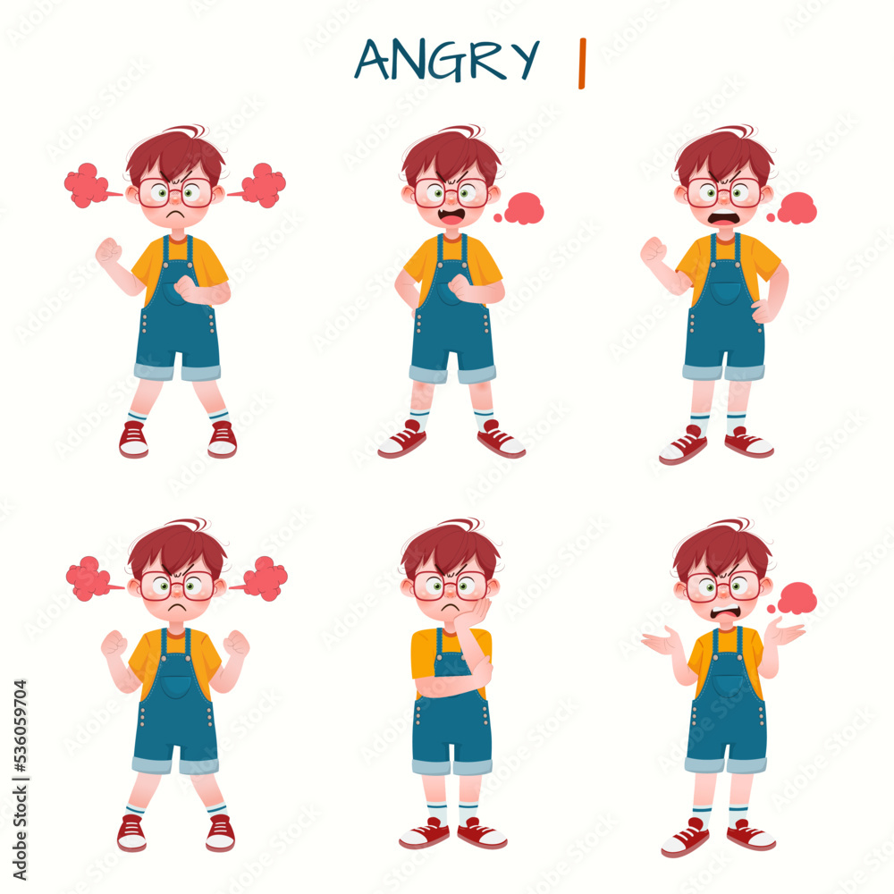 Set of kid boys showing angry expression.Vector illustration. Set of kid boys showing angry expression.Vector illustration.