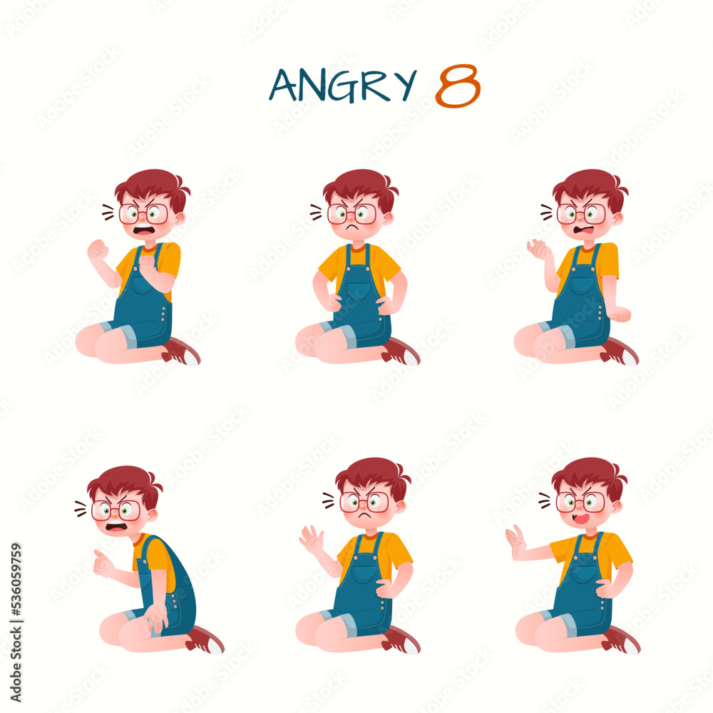 Set of kid boys showing angry expression.Vector illustration. Set of kid boys showing angry expression.Vector illustration.