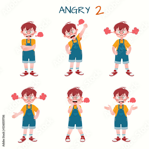 Set of kid boys showing angry expression.Vector illustration.